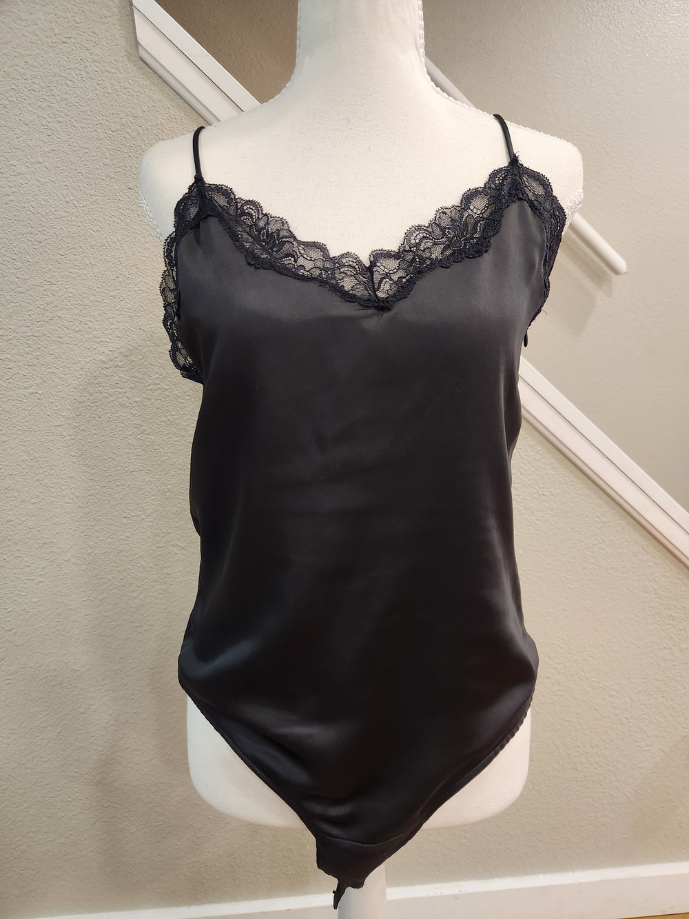 Zara Black Satin Lace-Trim Bodysuit
